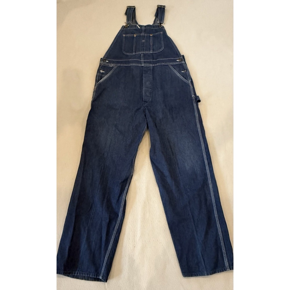 VTG Big Yank Denim Overalls 38x30 USA Made 70s Workwear Red Stitch Button fly